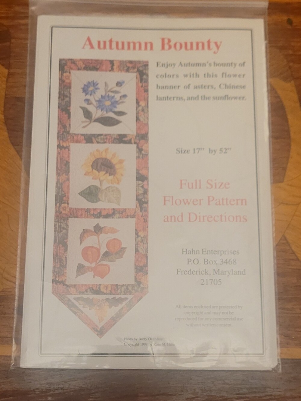 Pattern Flower Banner Applique AUTUMN BOUNTY Fabric Full Sz 17x52 & Directions